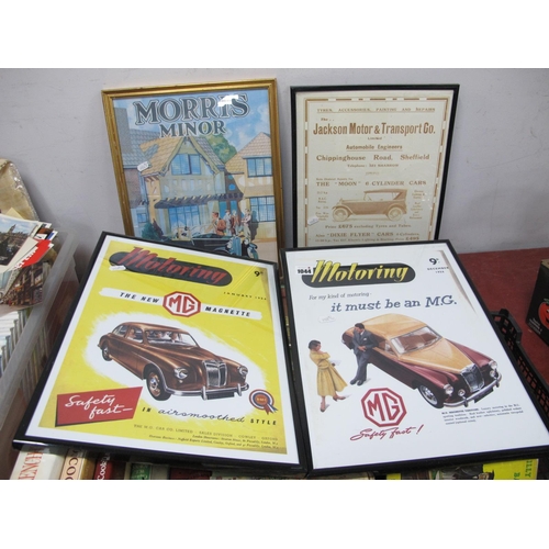 1044 - Four Framed Advertising Prints for Earlier Vintage Cars, including M.G. Marvette, Morris Cars and on... 