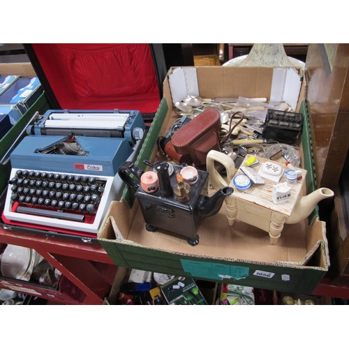 1056 - Two Novelty Teapots, Cosmic 35 camera, scissors, watches, cutlery, etc:- One Box plus Daro Erika Typ... 