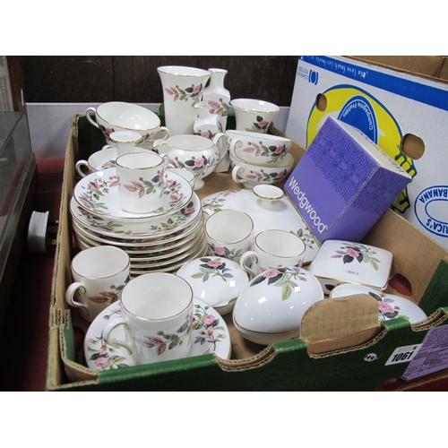 1061 - Wedgwood China 'Hathaway Rose', coffee cans, saucers soup bowls, vase, heartbox:- One Box.