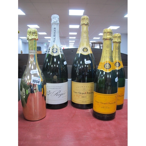 1064 - Five Shop Display Bottles, Pol Roger Champagne, three bottles of Veuve Clicquot Ponsardin and a Bott... 