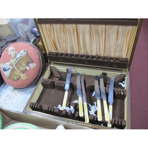 1090 - Dolls, dominoes, coat hangers, etc:- One Box. cutlery case, foot stool.