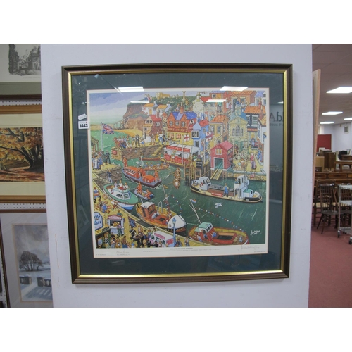 1443 - Joe Scarborough, 'Ella Harland's Whitby' colour print, signed by Joe and two others, 45.5 x 51cm.