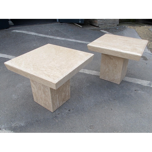 1464 - A Pair of Travertine Coffee Tables for Ponsfords of Sheffield, each with square 60cm top, on cuboid ... 