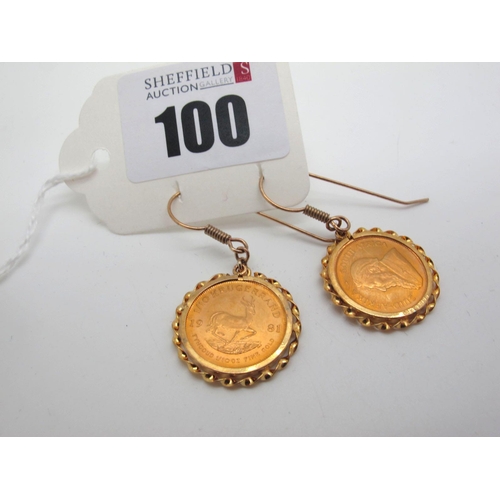 100 - Two 1/10 Krugerrand Coins, 1981, loose set within 9ct gold earring mounts with hook fittings.