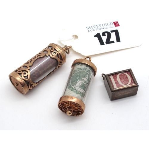 127 - Two Novelty 9ct Gold Mounted Emergency Banknote Charm Pendants, together with a a smaller plain exam... 