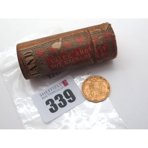 339 - Victoria Half Sovereign, 1892 (Shield Back); vintage wood cylindrical coin tube. (2)