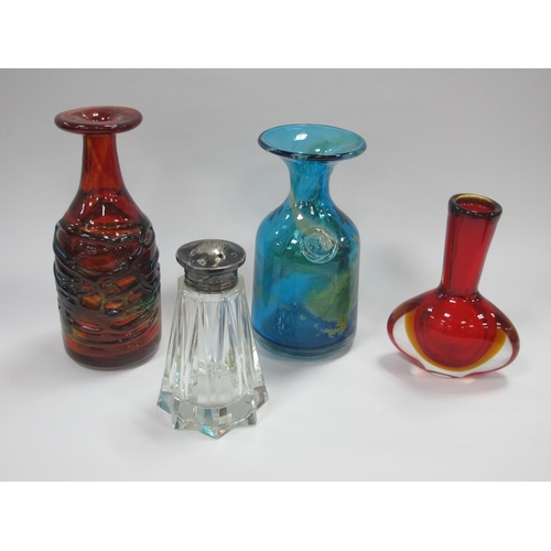 1243 - Mdina Turquoise Glass Spill Vase, 17cm high, a similar red example with applied pierced wavy band to... 