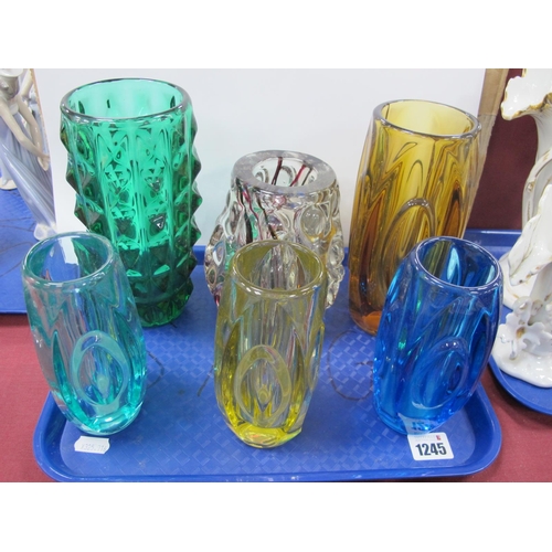 1245 - Heavy Dimpled Glass Vase with Brown and Pink Streaks, 14.5cm high, five various glass vases with ova... 