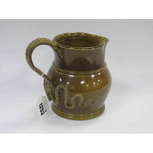1253 - Tobin Green Glaze Jug, with reptile skin effect handle fanning out to body, 6206 and name under base... 