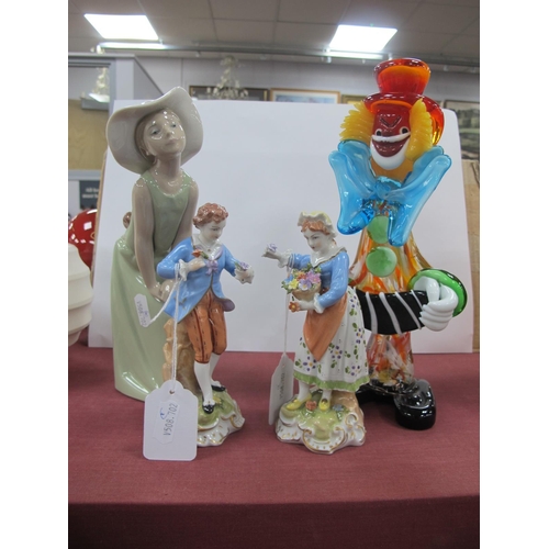 1265 - Glass Clown 25.5cm high, Lladro girl (repaired), pair of Dresden Regency Style figurines (4).