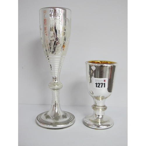 1271 - Mercury Glass Goblet, with central knop, etched with exotic birds and foliage, with gilt interior 24... 