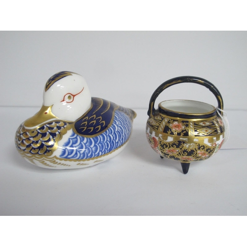 1286 - Royal Crown Derby Paperweight of a Duck, 7cm high, together with a Royal Crown Derby miniature Imari... 