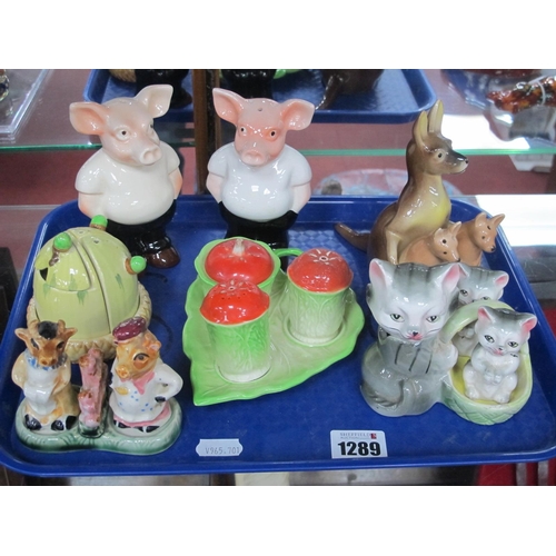1289 - Novelty Ceramic Condiments, including Burleigh, Foreign, Cat and Kittens, Kangaroo and Offspring, Pi... 