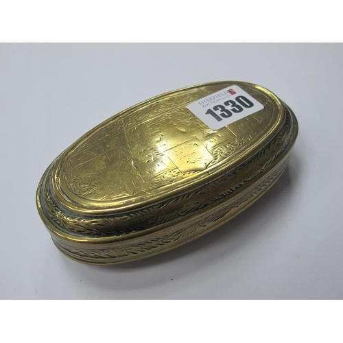 1330 - An Early XIX Century Dutch Brass Tobacco Box, oval with engraved decoration, (rubbed), 14cm wide.