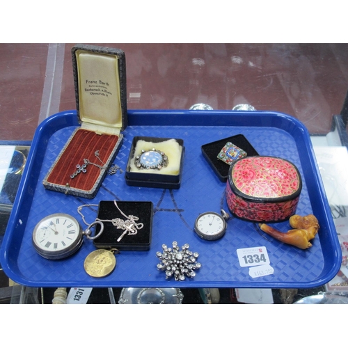 1334 - A Silver Cased Waltham Pocket Watch, crucifix pendant on chain, fob watch, micromosaic brooch, etc:-... 