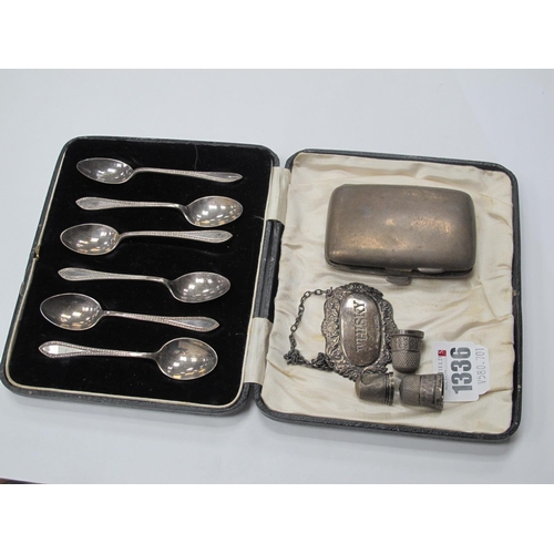 1336 - A Set of Six Silver Teaspoons in Case, Silver cigarette case, Silver Whiskey label, three Silver thi... 