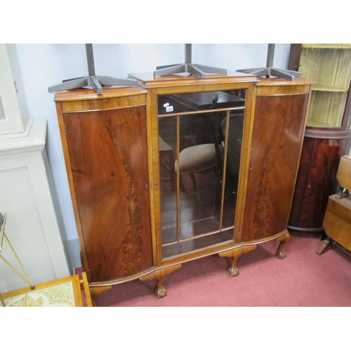 1593 - 1920's Mahogany Display Cabinet, with bow fronted end cupboards, central glazed door on squat cabrio... 