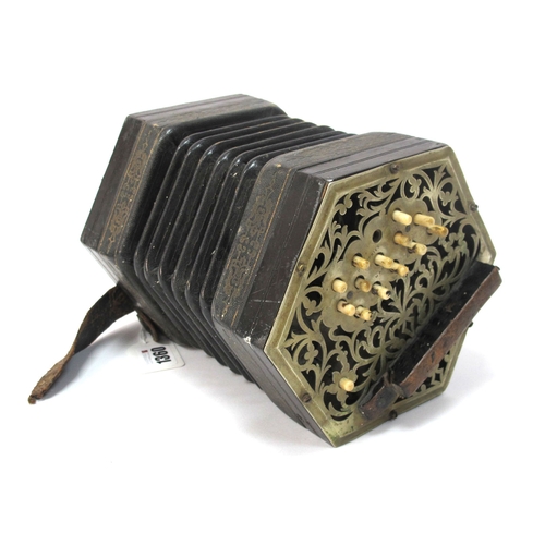 1360 - C. Jefferies Concertina, with thirty buttons (one absent), six section leather bellows, fret cut nic... 