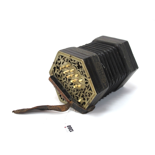1360 - C. Jefferies Concertina, with thirty buttons (one absent), six section leather bellows, fret cut nic... 