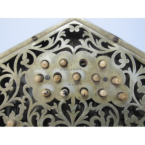 1360 - C. Jefferies Concertina, with thirty buttons (one absent), six section leather bellows, fret cut nic... 