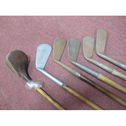 1142 - A Trouser Press, snooker cue, six hickory shafted golf clubs.