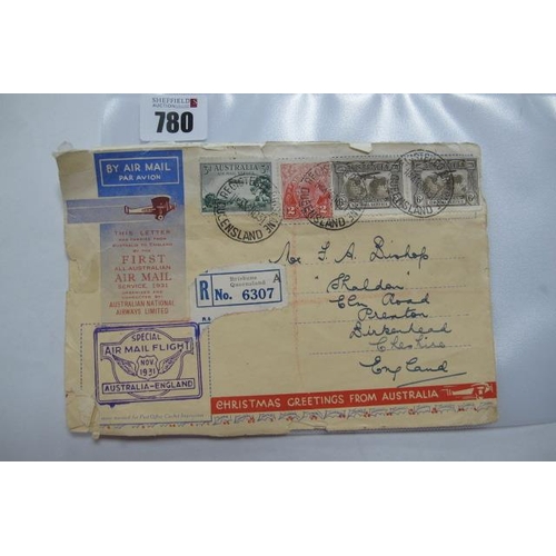 780 - Australia to England First All Australian Airmail Service Cover, 1932, rather tatty, but scarce cove... 