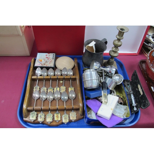 1303 - Moore & Wright Micrometer, novelty spoons, tankard, brass candlestick, bottle stoppers, etc.