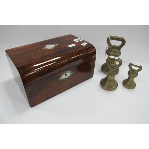 1323 - A XIX Century Rosewood Jewellery Box, with mother of pearl inserts, together with three Avery bell w... 