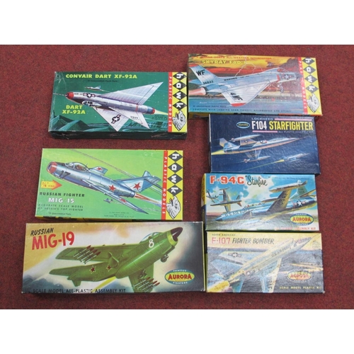 419A - Seven Vintage Plastic Model Military Aircraft Kits by Aurora, Hawk, to include Aurora #124, #66A-79 ... 