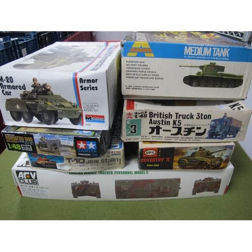 457 - Seven Plastic Model Military Tank Armored Vehicle Kits, by Bandai, Aurora, Tamiya, Monogram and Othe... 