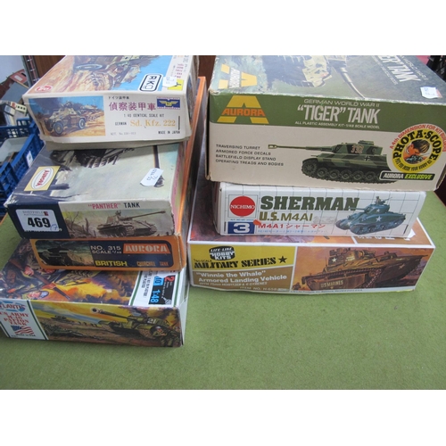 469 - Seven Plastic Model Military Tank and Armored Vehicle Kits by Life-Like, Atlantis, Nichimo, Riko, Au... 