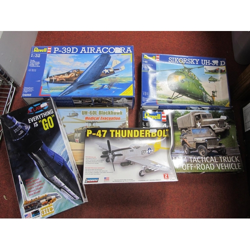 491 - Six Plastic Model Kits, Mostly with a Military Theme, to include Revell 1:32 #04865 P-39D Aircobra, ... 