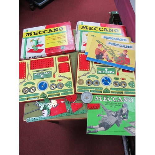 676 - Two Boxed Meccano Outfit No. 2 Sets, (incomplete), split to one box lid, plus a small quantity of lo... 