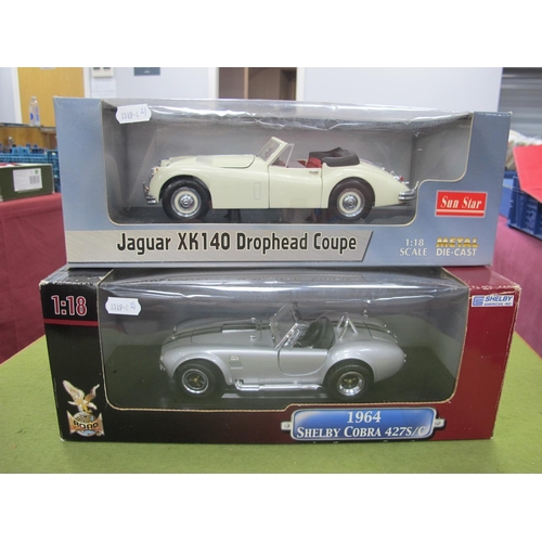 682 - Two 1:18th Scale Diecast Model Cars, Sunstar #2803 Jaguar XK140 Drophead Coupe, cream bodywork, Road... 