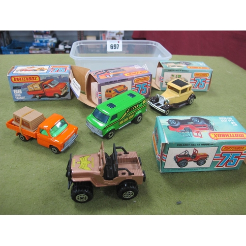 697 - Four Boxed Matchbox 1:75 Series Diecast Model Vehicles, comprising of #66 Ford Transit, #5 4x4 Jeep ... 