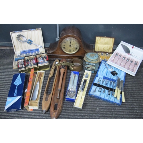 1004 - Oak Westminster Chimes Mantle Clock, cutlery, tins, pans etc:- One Box.