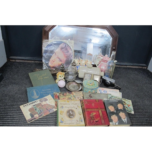 1011 - Elvis Presley Picture Discs x 2, cigarette cards, stamp albums, camera, tin, jam pot, etc:- One Box,... 