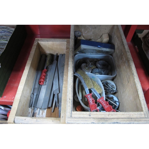 1019 - Files, including spear file, drill attachments, wire brushes, etc:- Two Boxes