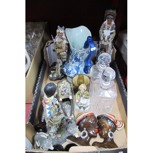 1035 - Resin Red Indian Figures, glass decanters, pottery wall busts of females (one damaged), etc:- One Bo... 