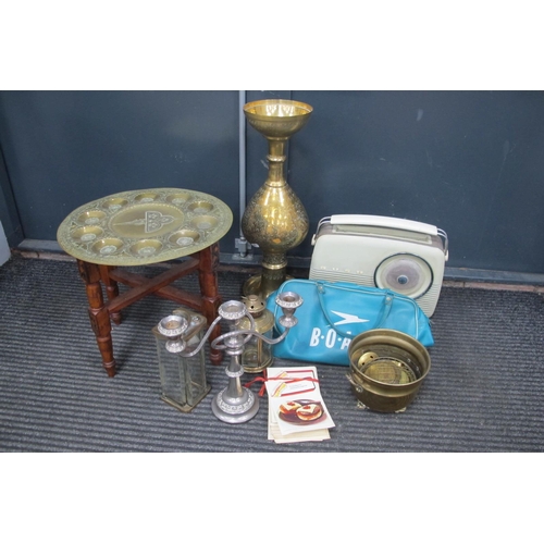 1051 - Bush Radio, large vase, BOAC bag, Baines Rotherham shade, folding table, etc:- One Box.