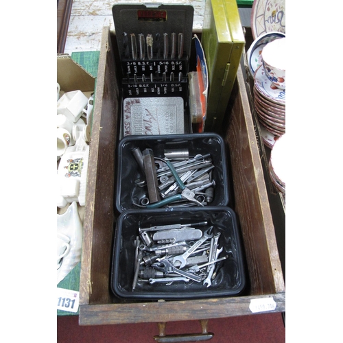 1132 - Drill Bits in Dormer Box, Hilka socket set, small spanners, pen knives etc:- One Box