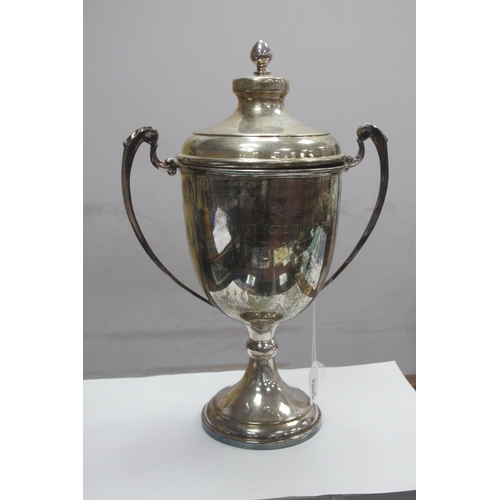 1305 - A Large Plated Twin Handled Trophy Cup and Cover, engraved 