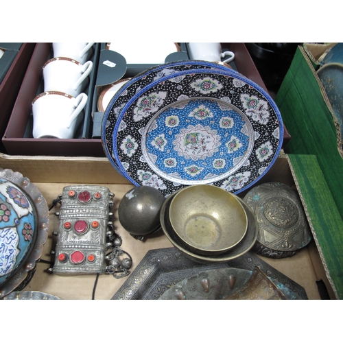 1120 - Middle Eastern Metal Ware, including pair of coppered owls, brass pot pourri, enamelled plates and b... 