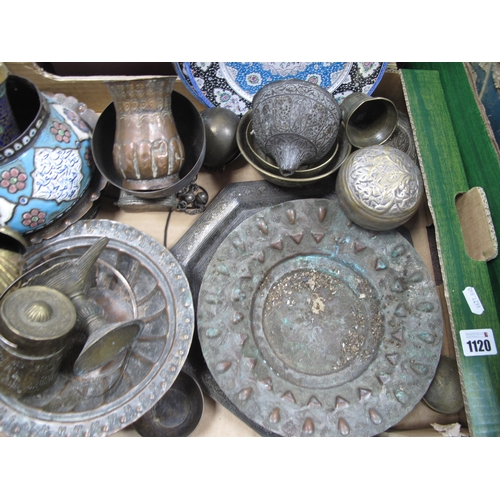 1120 - Middle Eastern Metal Ware, including pair of coppered owls, brass pot pourri, enamelled plates and b... 