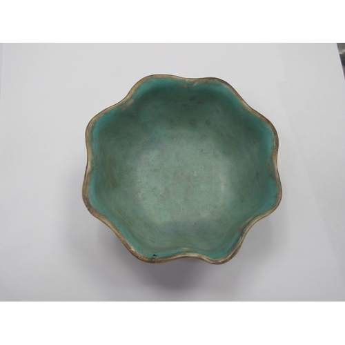 1326 - Oriental - Pottery bowl decorated with three temple lions on turquoise ground, with wavy rim, 14cm w... 