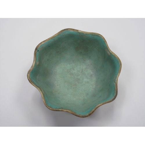 1326 - Oriental - Pottery bowl decorated with three temple lions on turquoise ground, with wavy rim, 14cm w... 