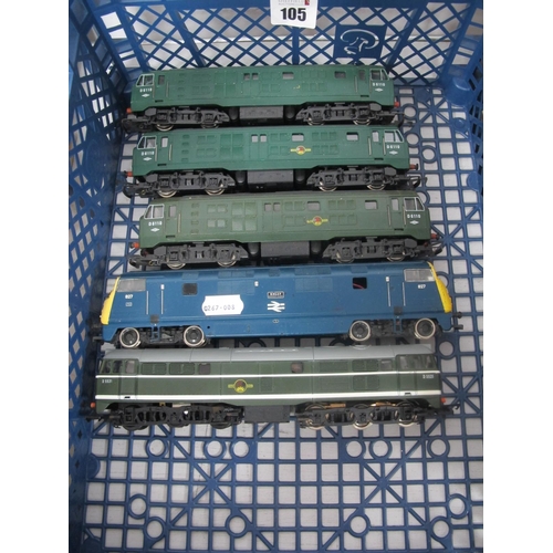 105 - Five 'OO' Gauge/4mm Bo-Bo Unboxed Diesel Locomotives, three Class 29 BR green R/No D611, (good), a M... 