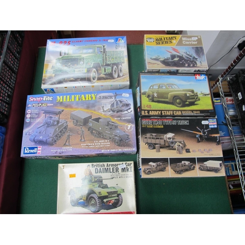 111 - Six Plastic Model Military Vehicle Kits, by Revell, Tamiya, Italeri, Bandai, Life-Like, Hasegawa, to... 