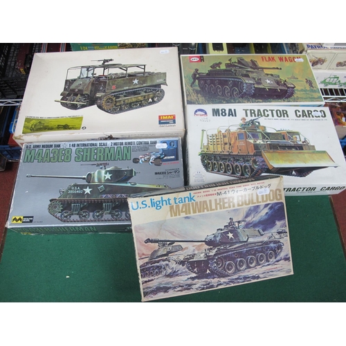 113 - Five Plastic Model Tank, Armoured Vehicle Kits by Bluetank Crown, Mtsuwa, UPC, Imai, including Mitsu... 