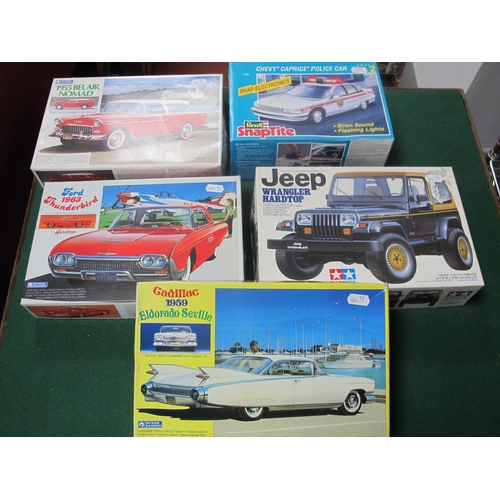 129 - Five Plastic Model Car Kits by Tamiya, Revell, Gunze Sangyo, to include Tamiya 1:24 #24150-1800 Jeep... 